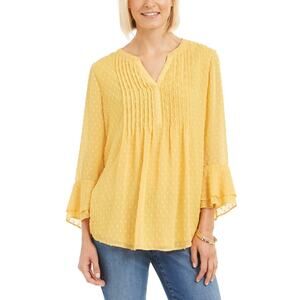 Charter Club Double-Ruffle Textured Pintuck Top Citron Aura Yellow Size XS